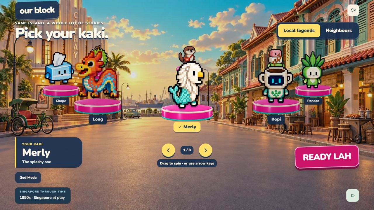 Singapore-inspired pixel characters on the Our Block character selection screen.