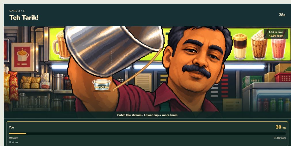 Teh Tarik gameplay with a moving cup catching a stream of tea.
