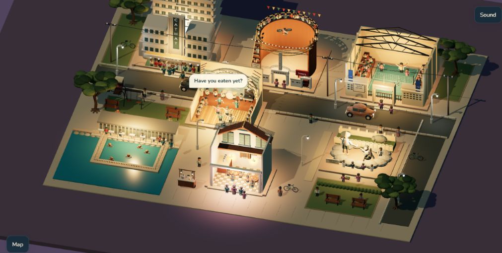 The 1950s world with Cathay cinema, the Wall of Death, a badminton hall, and a sea-bathing enclosure.